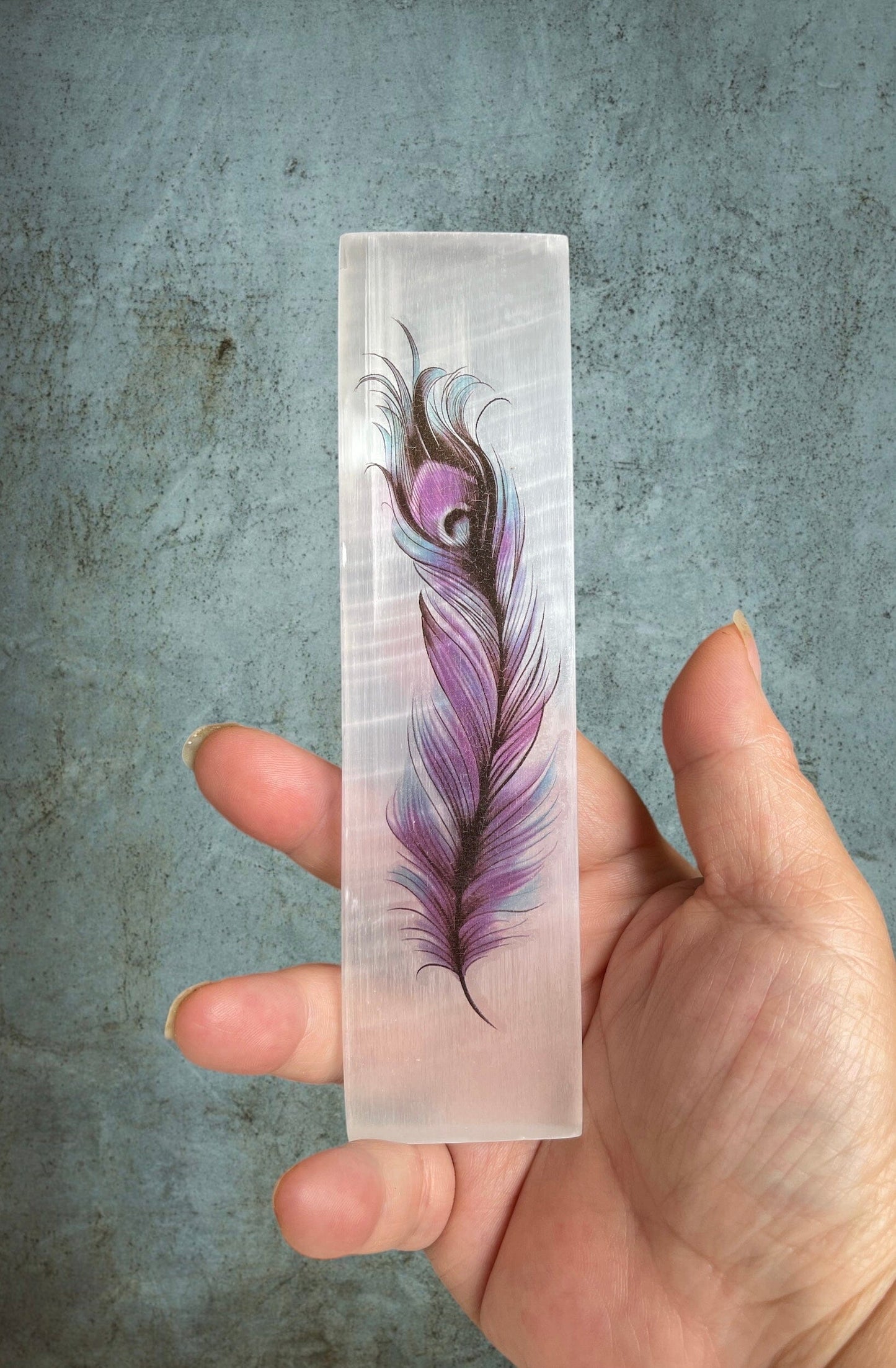 Painted Natural Selenite with Peacock Feather Crystals AJABA NATURALS®