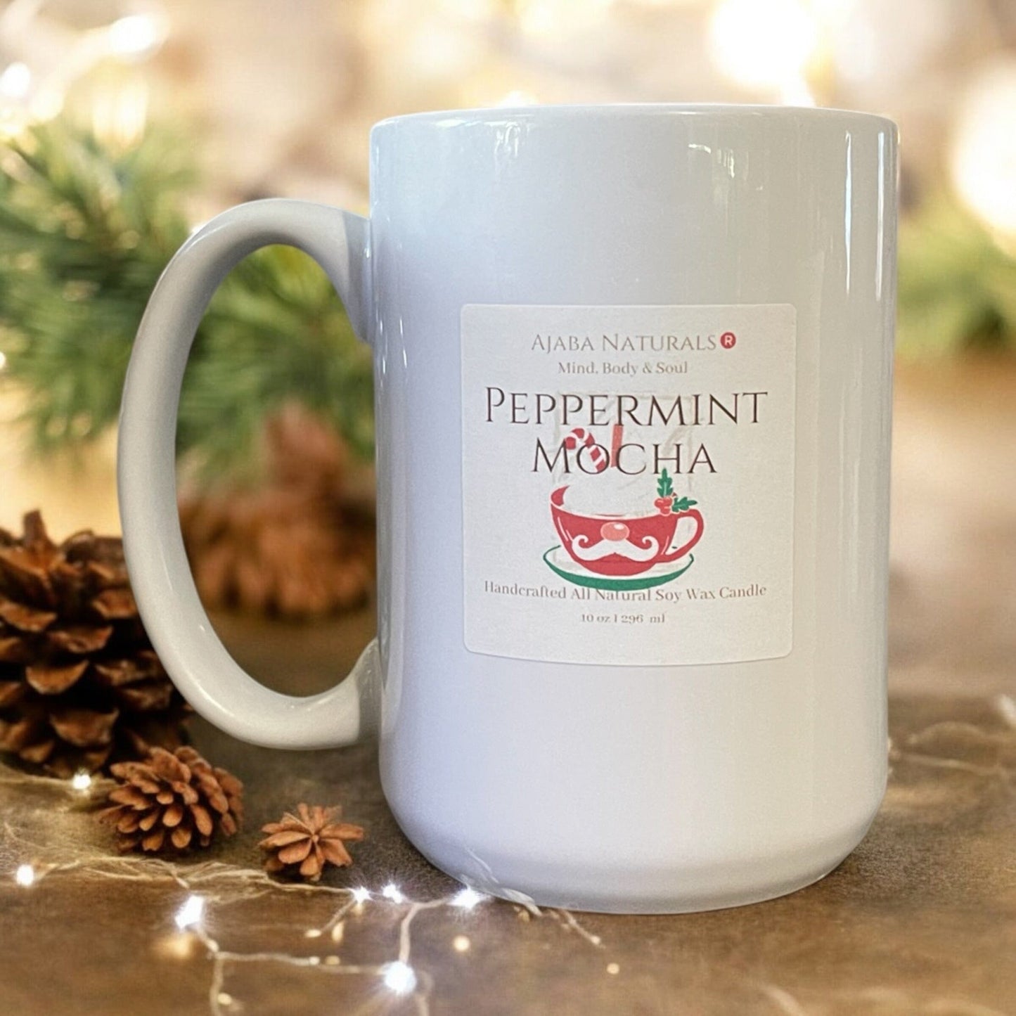 Peppermint Mocha Handcrafted Soy Wax Candle in Mug AJABA NATURALS®