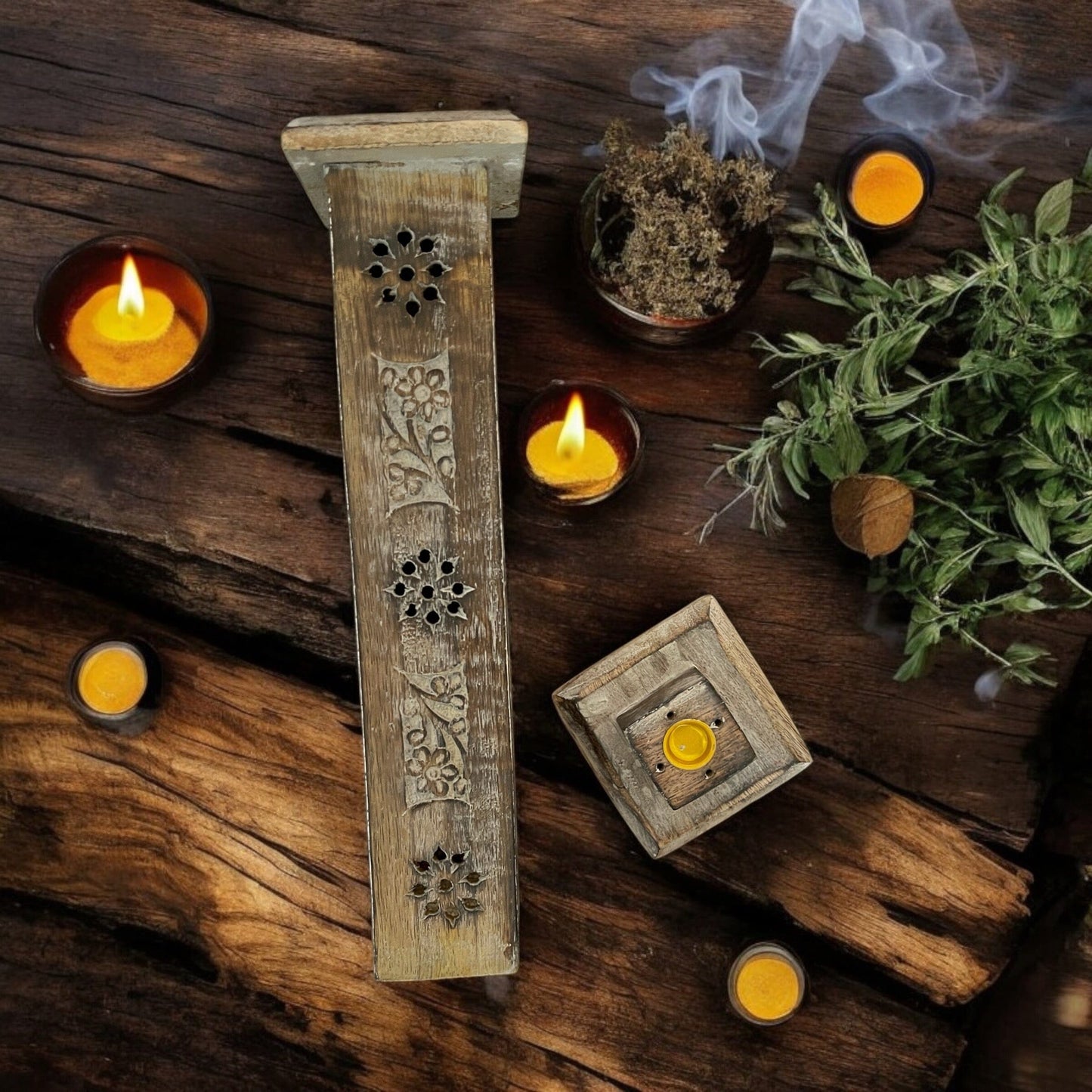 Hand Carved Wooden Incense Burner Tower - Daisy Flowers Incense Holder AJABA NATURALS®