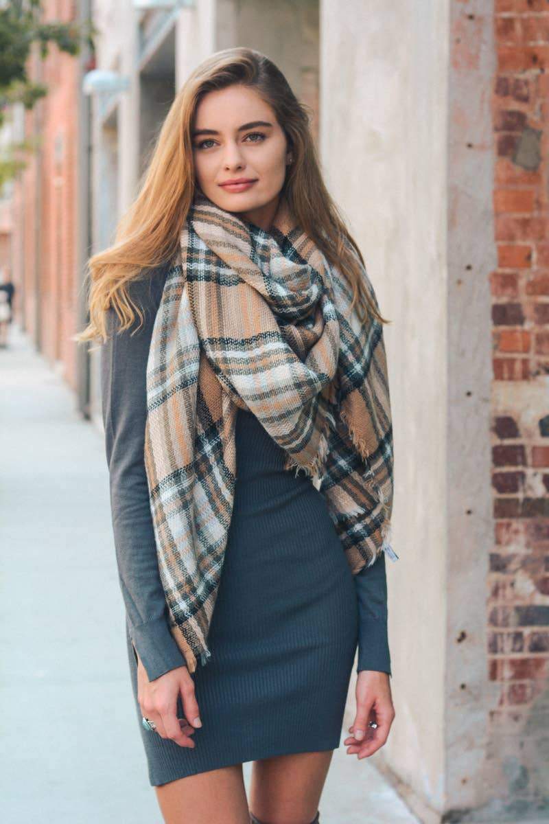 Classic Plaid Blanket Scarf- Beige Scarf AJABA NATURALS®