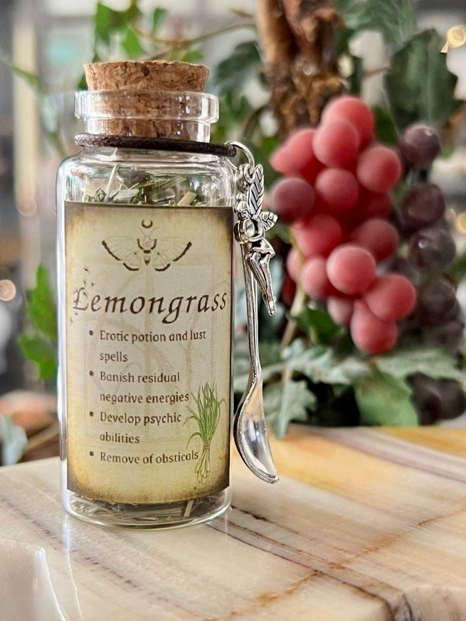 Botanical filled Bottle with Enchanted Garden Faerie Spoon Botanical Herb Bottles for Spells AJABA NATURALS® Lemongrass
