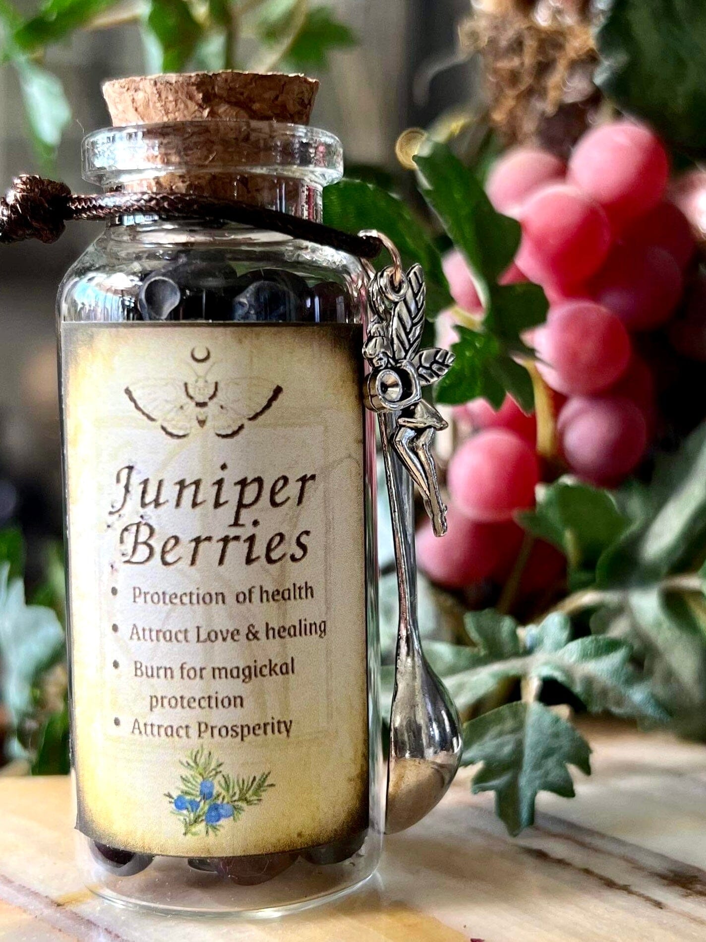 Botanical filled Bottle with Enchanted Garden Faerie Spoon Botanical Herb Bottles for Spells AJABA NATURALS® Juniper Berries