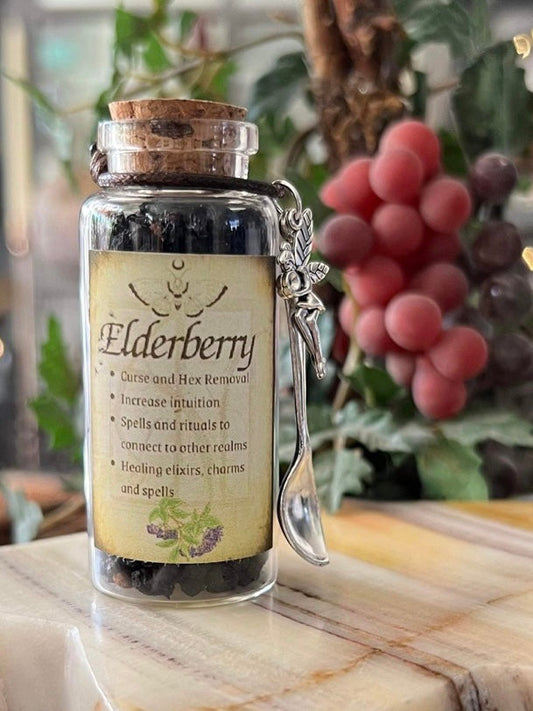 Botanical filled Bottle with Enchanted Garden Faerie Spoon Botanical Herb Bottles for Spells AJABA NATURALS® Elderberry