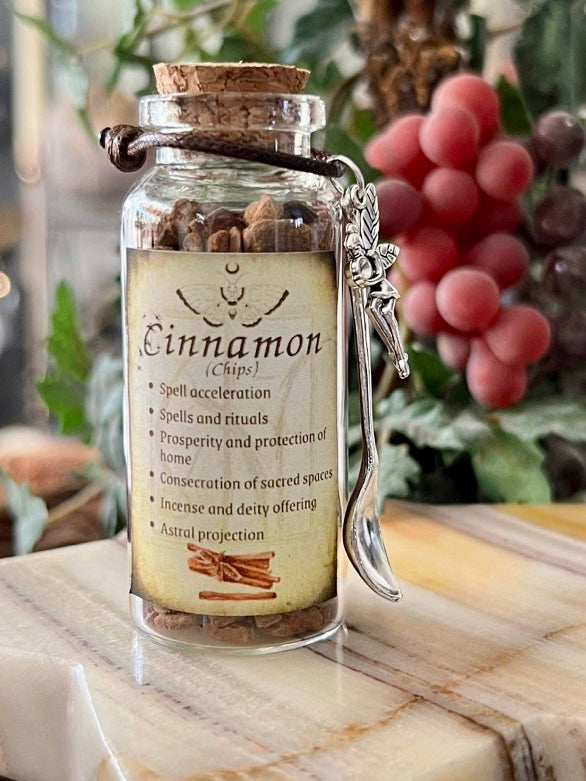 Botanical filled Bottle with Enchanted Garden Faerie Spoon Botanical Herb Bottles for Spells AJABA NATURALS® Cinnamon Chips