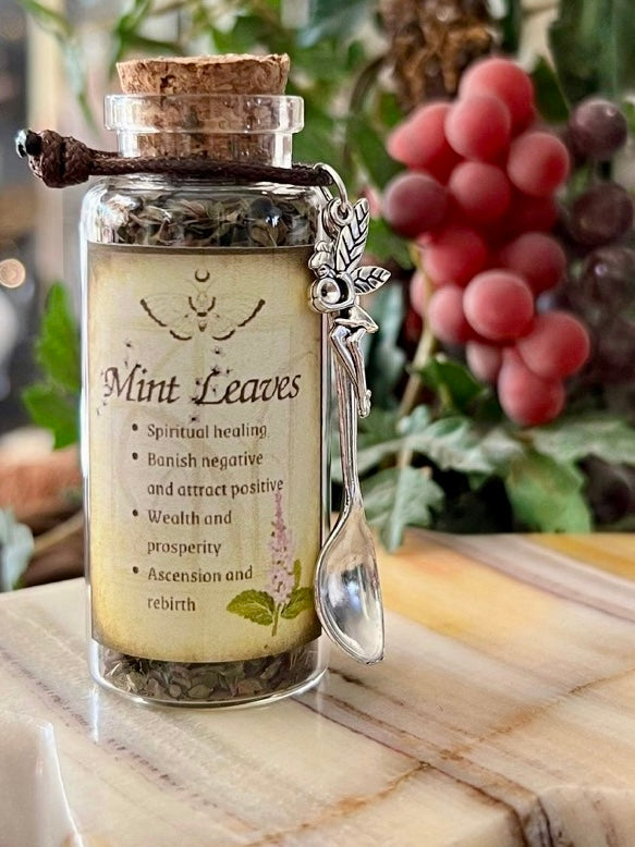Botanical filled Bottle with Enchanted Garden Faerie Spoon Botanical Herb Bottles for Spells AJABA NATURALS® Mint Leaves