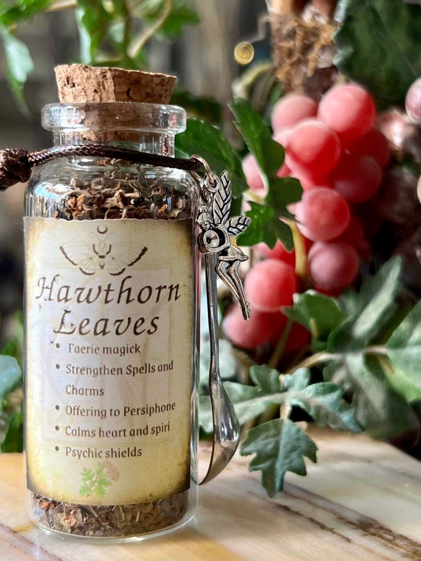 Botanical filled Bottle with Enchanted Garden Faerie Spoon Botanical Herb Bottles for Spells AJABA NATURALS® Hawthorn Leaf