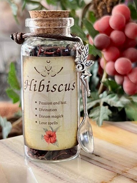 Botanical filled Bottle with Enchanted Garden Faerie Spoon Botanical Herb Bottles for Spells AJABA NATURALS® Hibiscus
