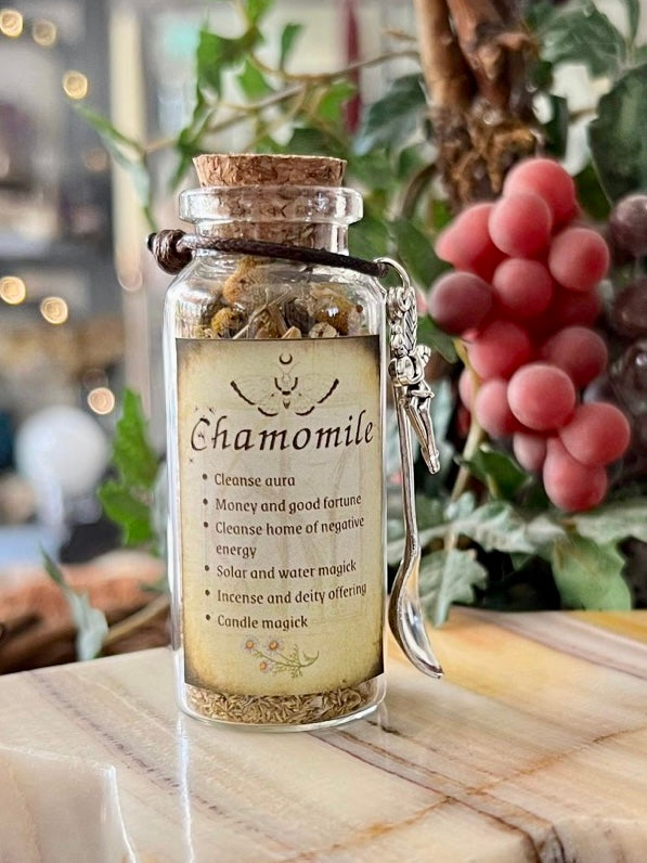 Botanical filled Bottle with Enchanted Garden Faerie Spoon Botanical Herb Bottles for Spells AJABA NATURALS® Chamomile