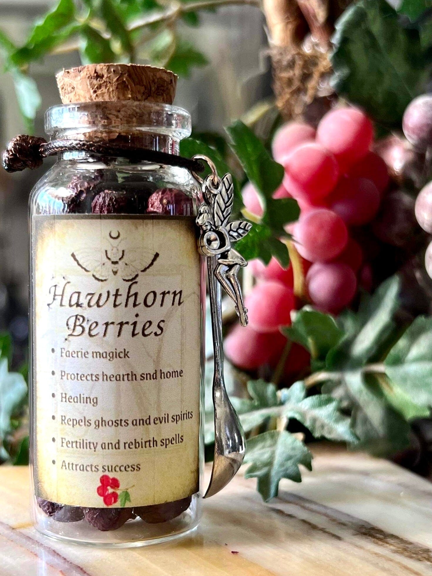 Botanical filled Bottle with Enchanted Garden Faerie Spoon Botanical Herb Bottles for Spells AJABA NATURALS® Hawthorn Berries