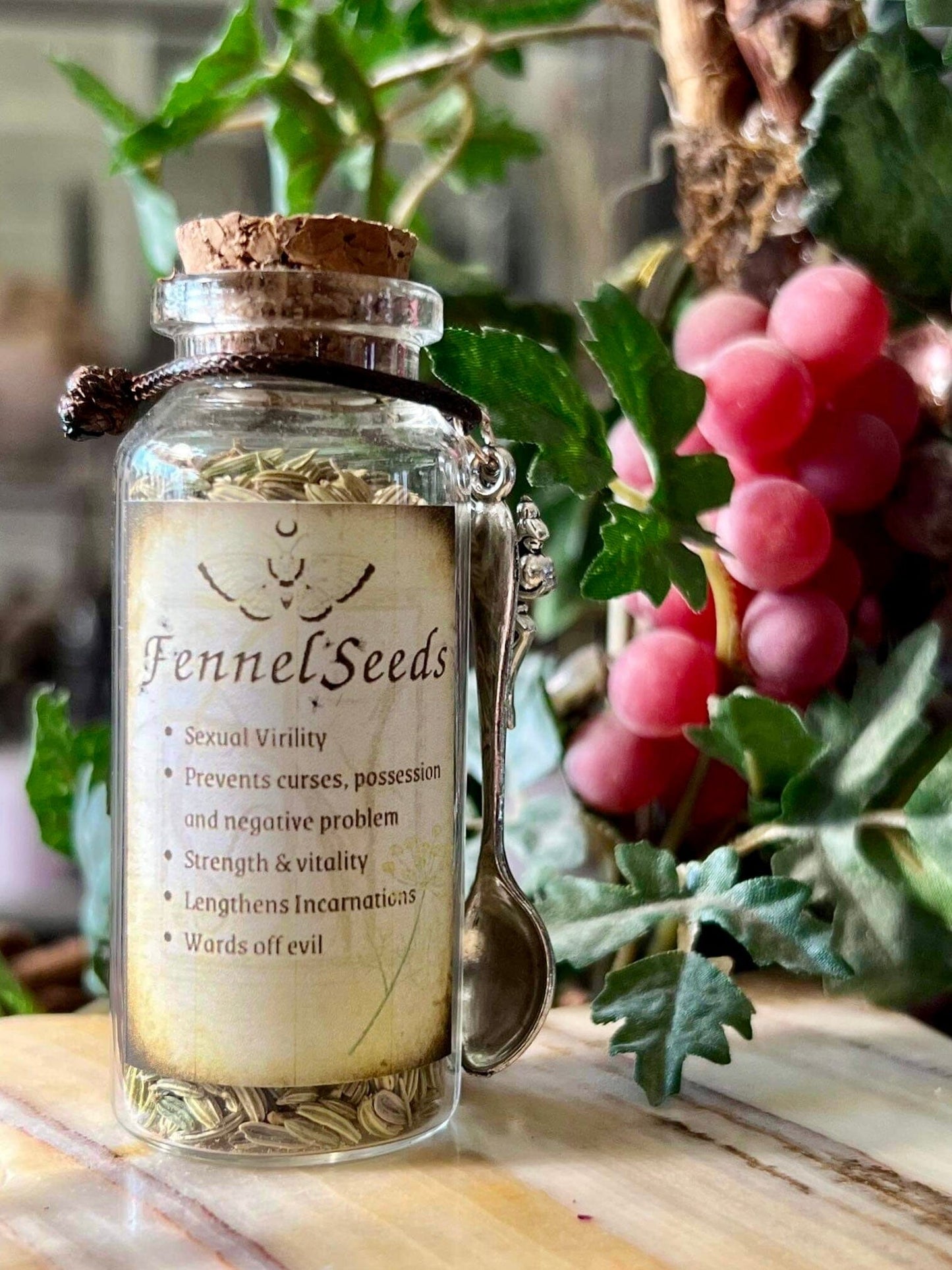 Botanical filled Bottle with Enchanted Garden Faerie Spoon Botanical Herb Bottles for Spells AJABA NATURALS® Fennel Seed