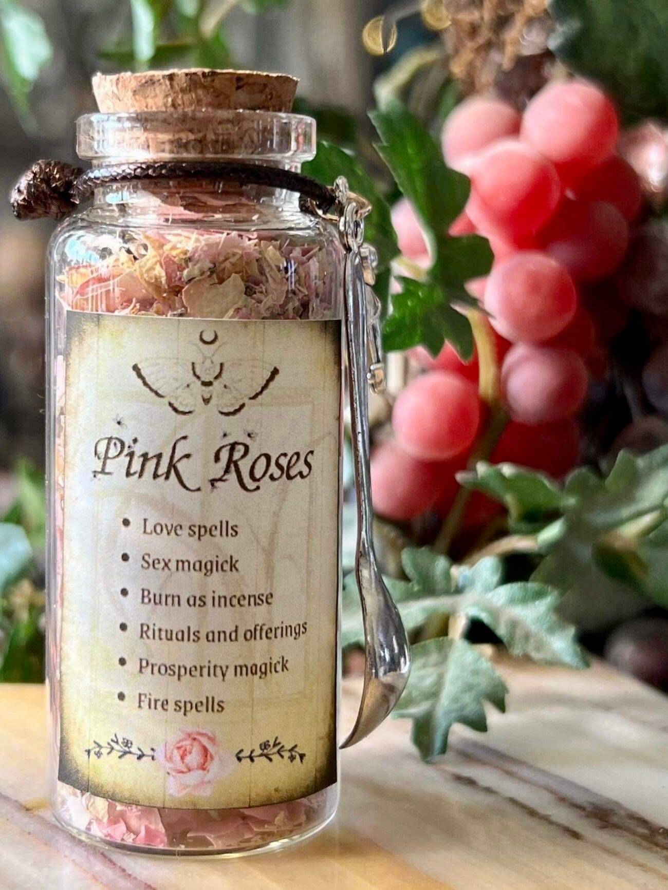 Botanical filled Bottle with Enchanted Garden Faerie Spoon Botanical Herb Bottles for Spells AJABA NATURALS® Pink Roses