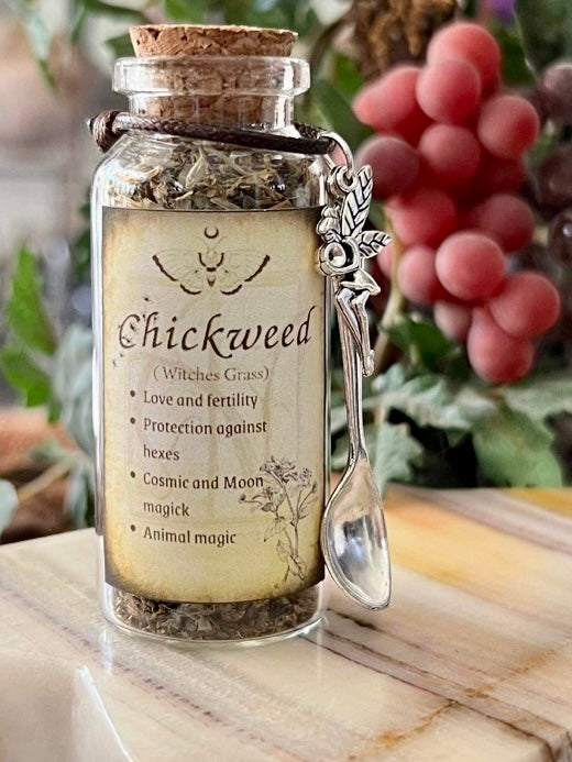 Botanical filled Bottle with Enchanted Garden Faerie Spoon Botanical Herb Bottles for Spells AJABA NATURALS® Chickweed