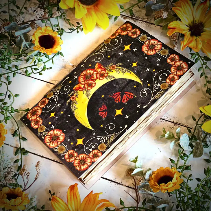 Handmade Vintage-Inspired Magick Journal by NOMAD Moon Magic Journal AJABA NATURALS® Witchy Poppy Moon Design 