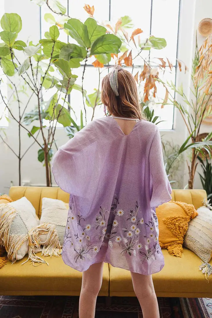 Lavender Embroidered Spring Daisy Woven Kimono Kimono AJABA NATURALS® 
