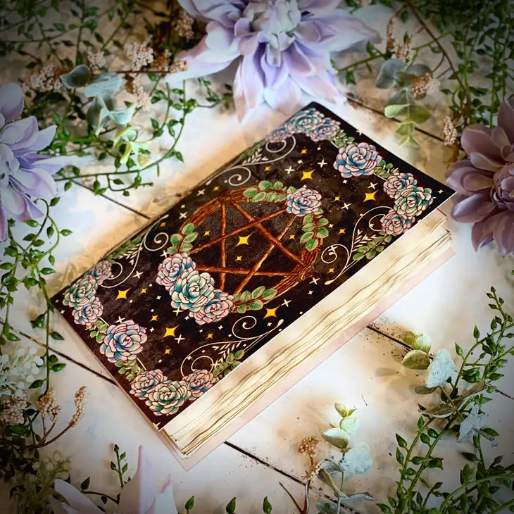 Handmade Vintage-Inspired Magick Journal by NOMAD Moon Magic Journal AJABA NATURALS® Witchy Pentagram Design 
