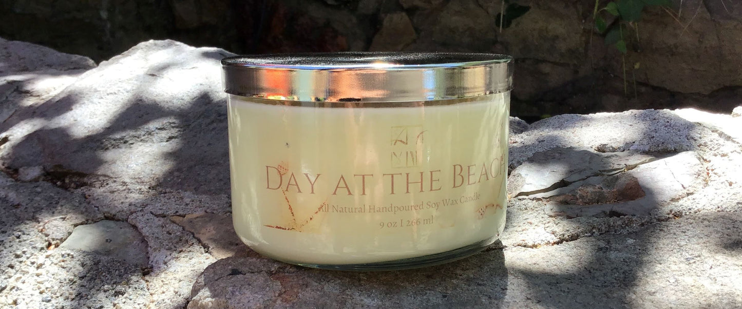 Day At The Beach All Natural Hand Poured Soy Wax Candle Candle AJABA NATURALS® 9 oz wood wick clear wide glass vessel 