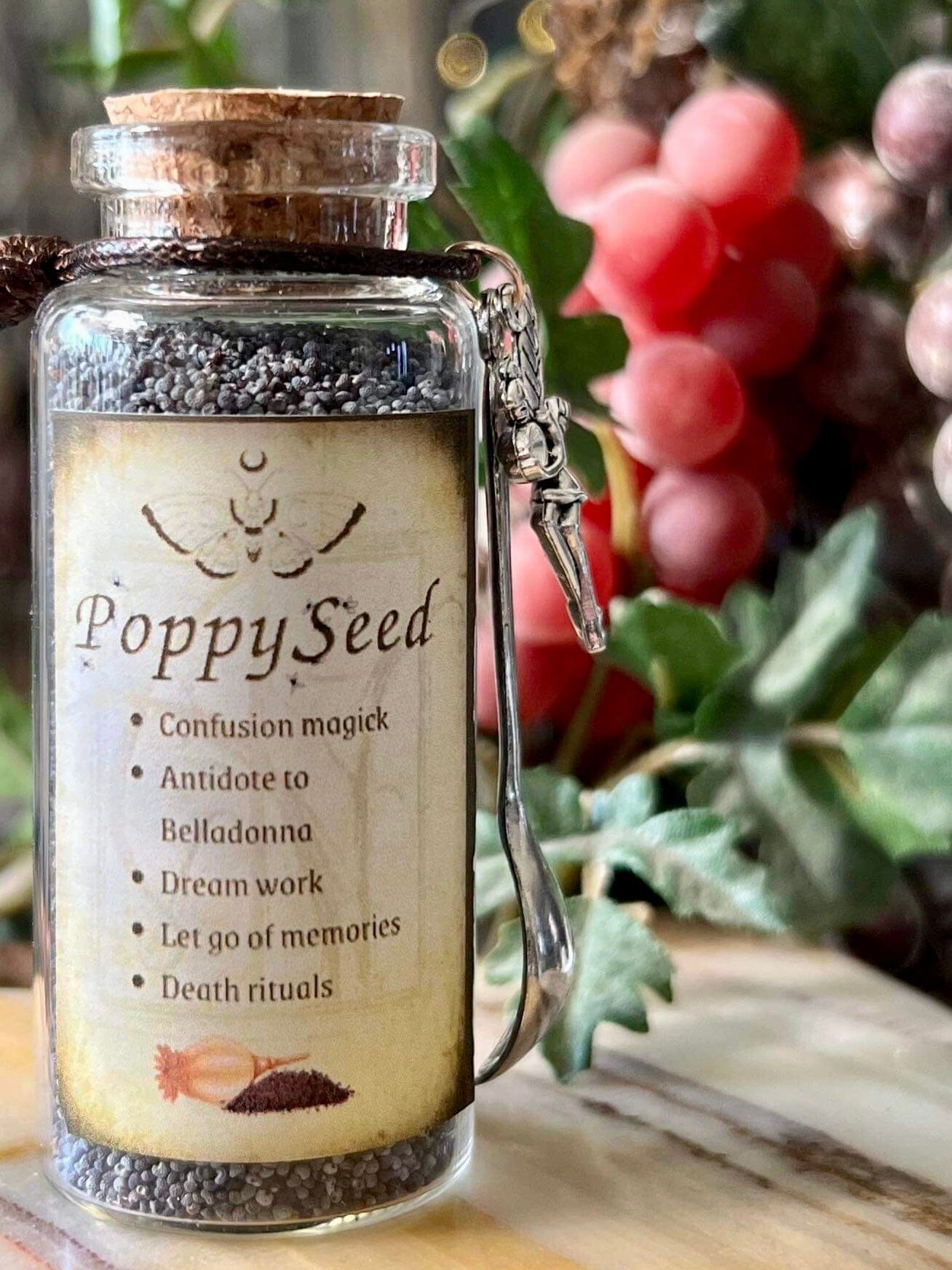 Botanical filled Bottle with Enchanted Garden Faerie Spoon Botanical Herb Bottles for Spells AJABA NATURALS® Poppy Seed 