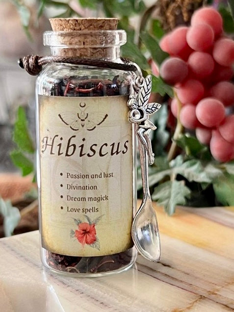 Botanical filled Bottle with Enchanted Garden Faerie Spoon Botanical Herb Bottles for Spells AJABA NATURALS® Hibiscus 
