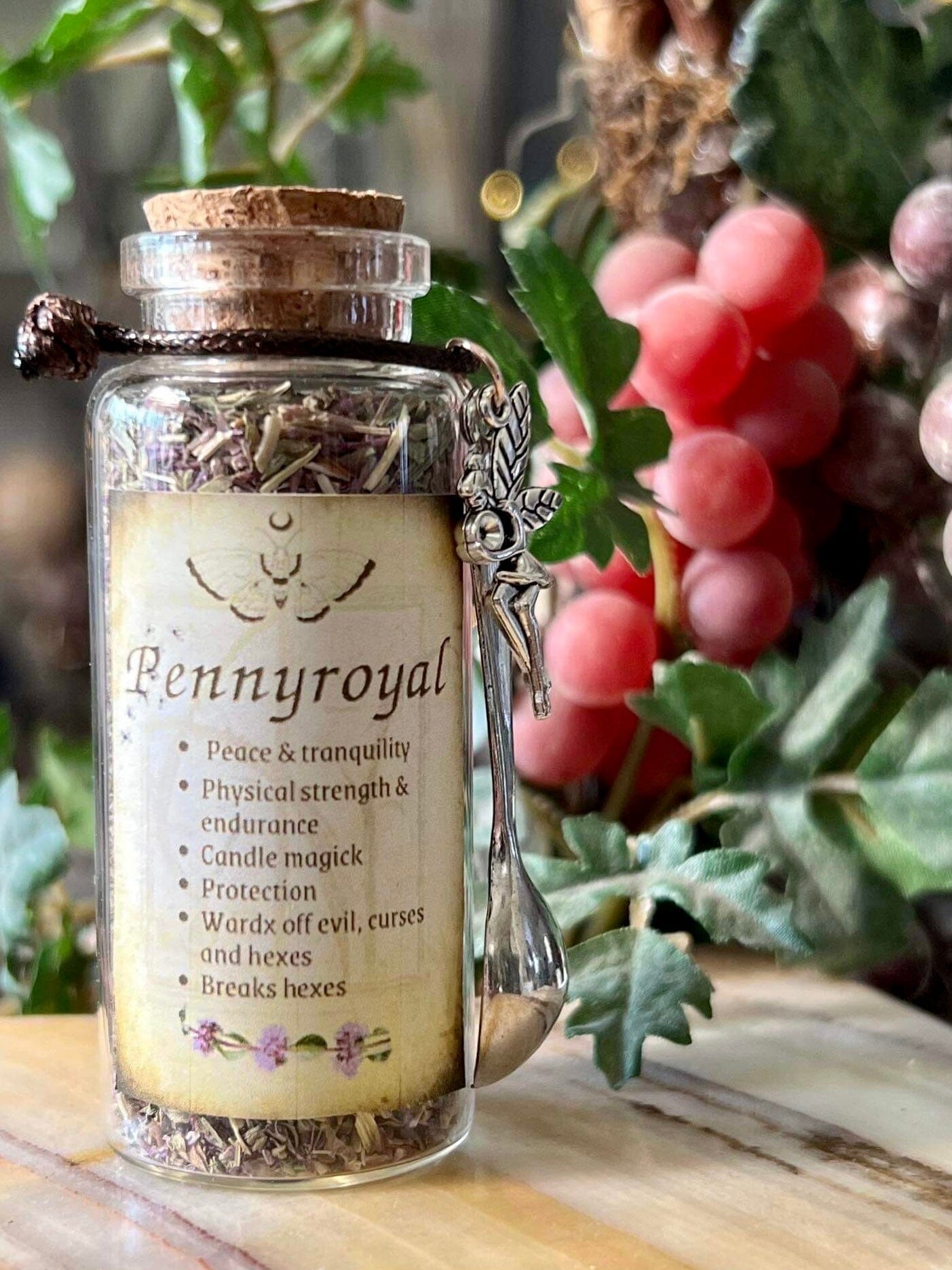 Botanical filled Bottle with Enchanted Garden Faerie Spoon Botanical Herb Bottles for Spells AJABA NATURALS® Pennyroyal