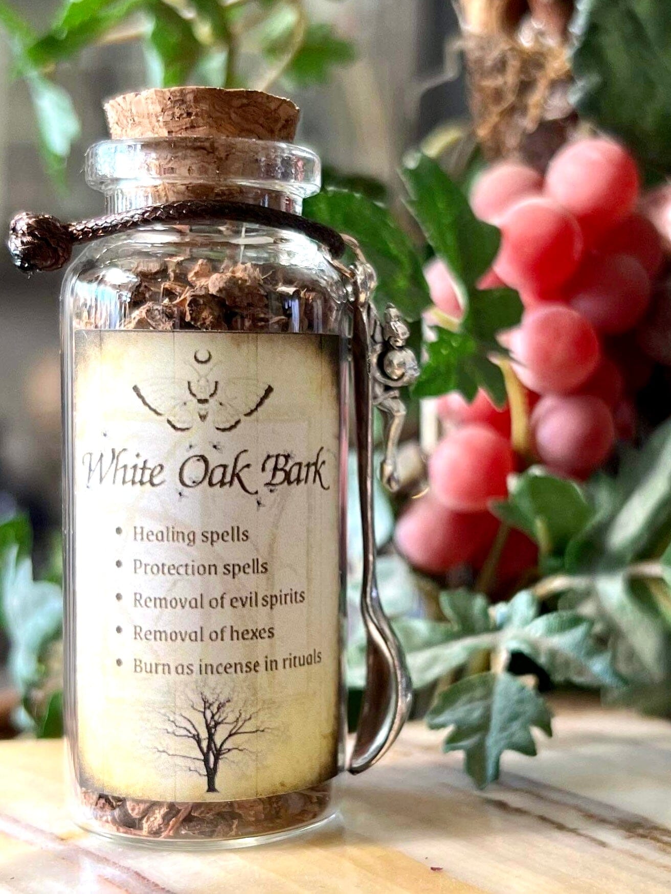Botanical filled Bottle with Enchanted Garden Faerie Spoon Botanical Herb Bottles for Spells AJABA NATURALS® White Oak Bark 
