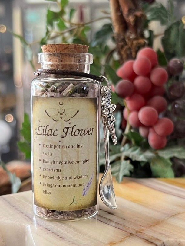 Botanical filled Bottle with Enchanted Garden Faerie Spoon Botanical Herb Bottles for Spells AJABA NATURALS® Lilac Flowers 