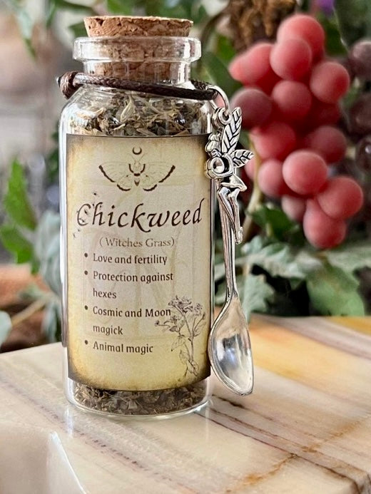 Botanical filled Bottle with Enchanted Garden Faerie Spoon Botanical Herb Bottles for Spells AJABA NATURALS® Chickweed 
